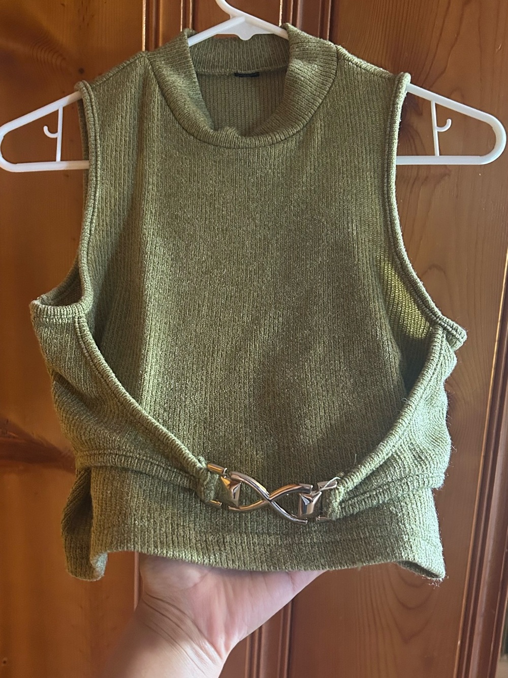 Sleeveless Olive Green Knit Tank Top with Silver Buckle